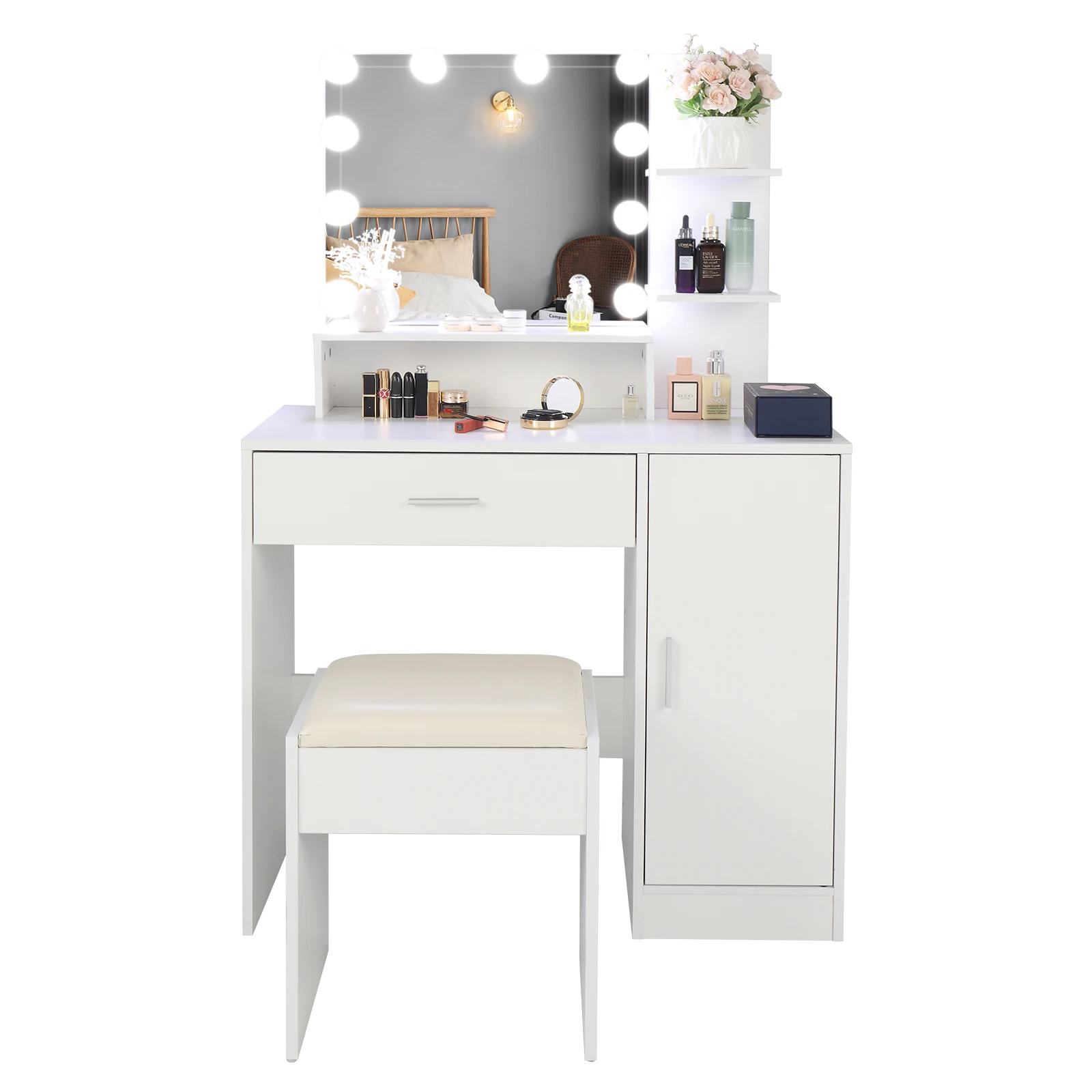 White particleboard with frosted triamine surface, one draw, one door, three-layer rack, dressing table set, three color dimming
