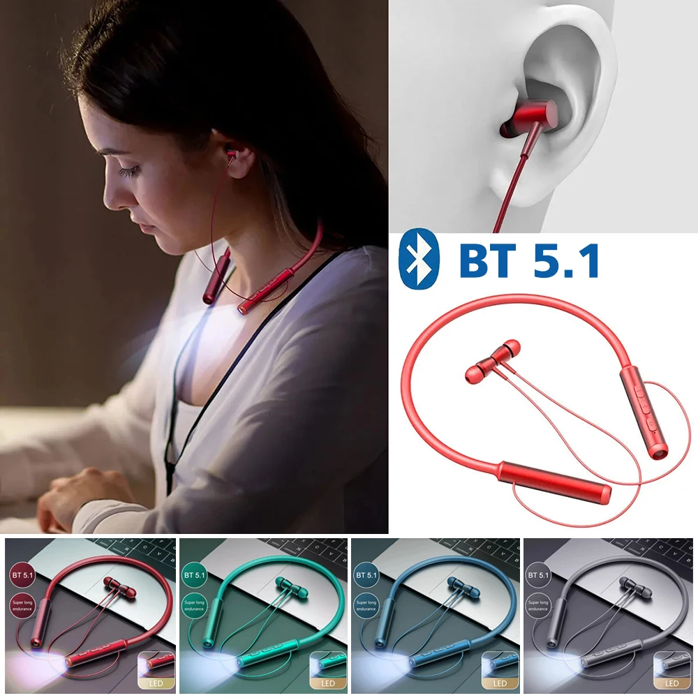 

120 Hours Magnetic Earphones Bluetooth Headphones Stereo Bass Wireless Headphone Neckband Power Flashlight Display Headset