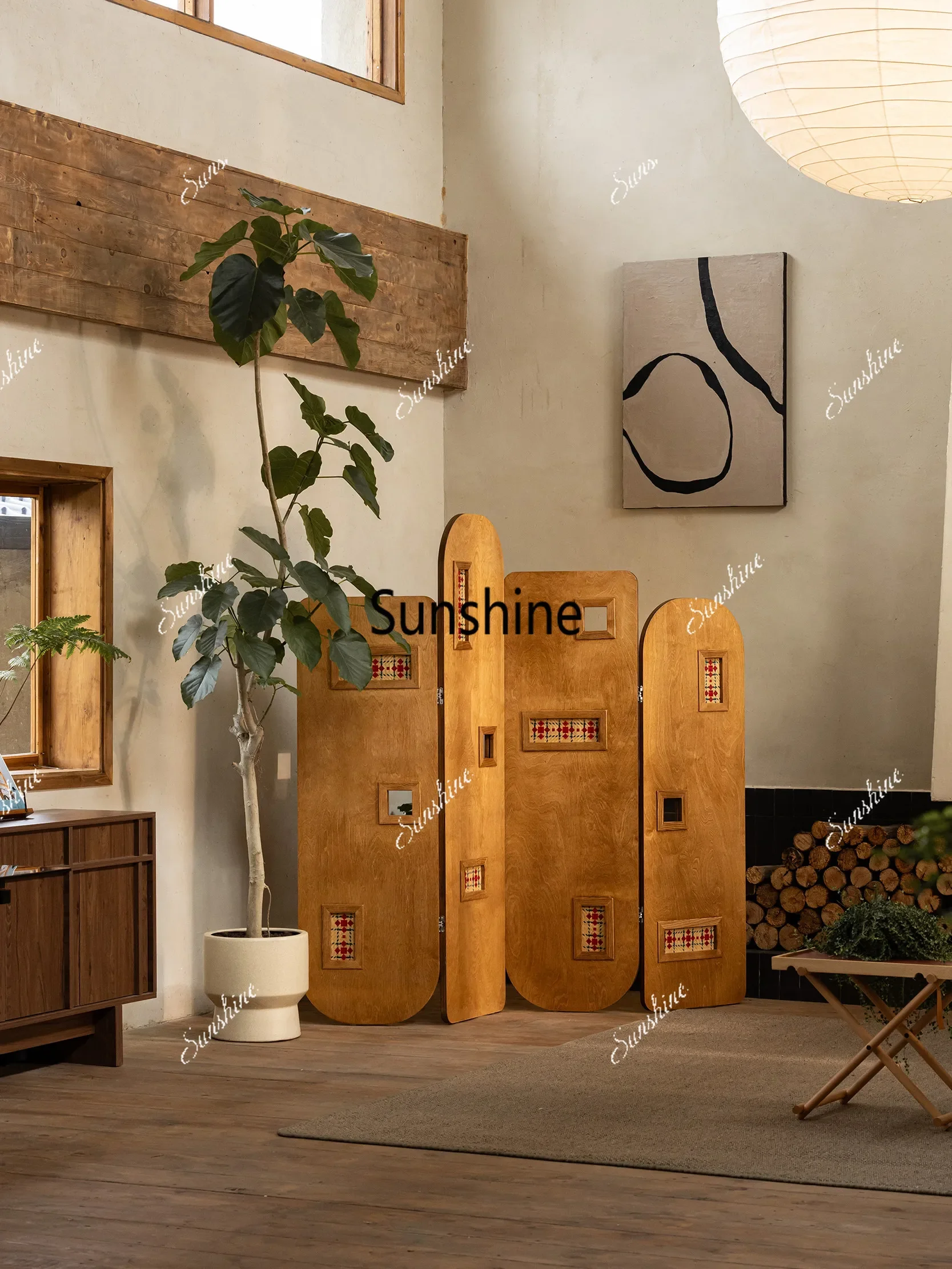 Solid wood bamboo woven screen folding mobile partition