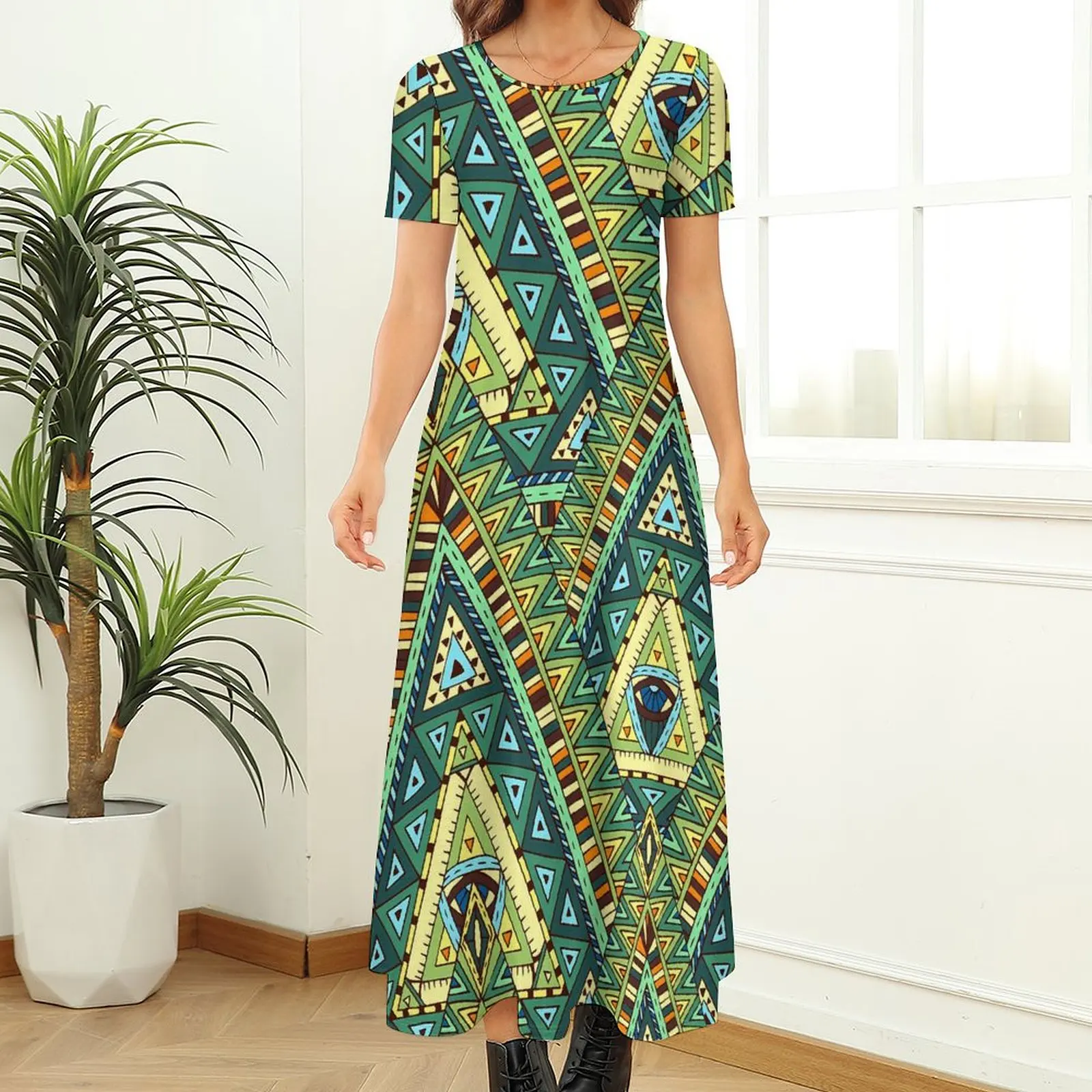 Robe longue ethnique Boho pour femme, tenue de soirée maxi verte et jaune, manches courtes, drôle, plage, grande taille