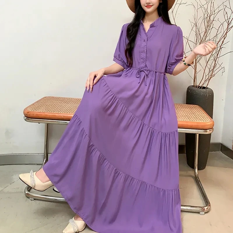 2024 Cotton Silk Dress Loose to Cover the Belly Slim and Long Big Display Solid Color Tie Waist Cinching Temperament Long Skirt