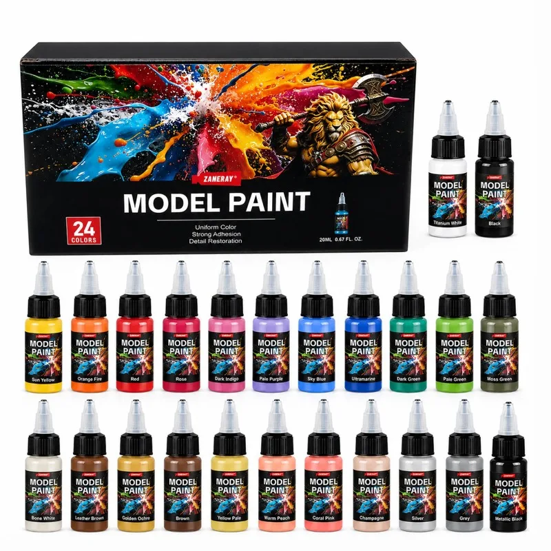 24 Farben 20ml Acrylfarbe für Modelle - Pinsel- & Airbrush-Set, Miniatur-Hobby-Detailfarbe Ungiftig