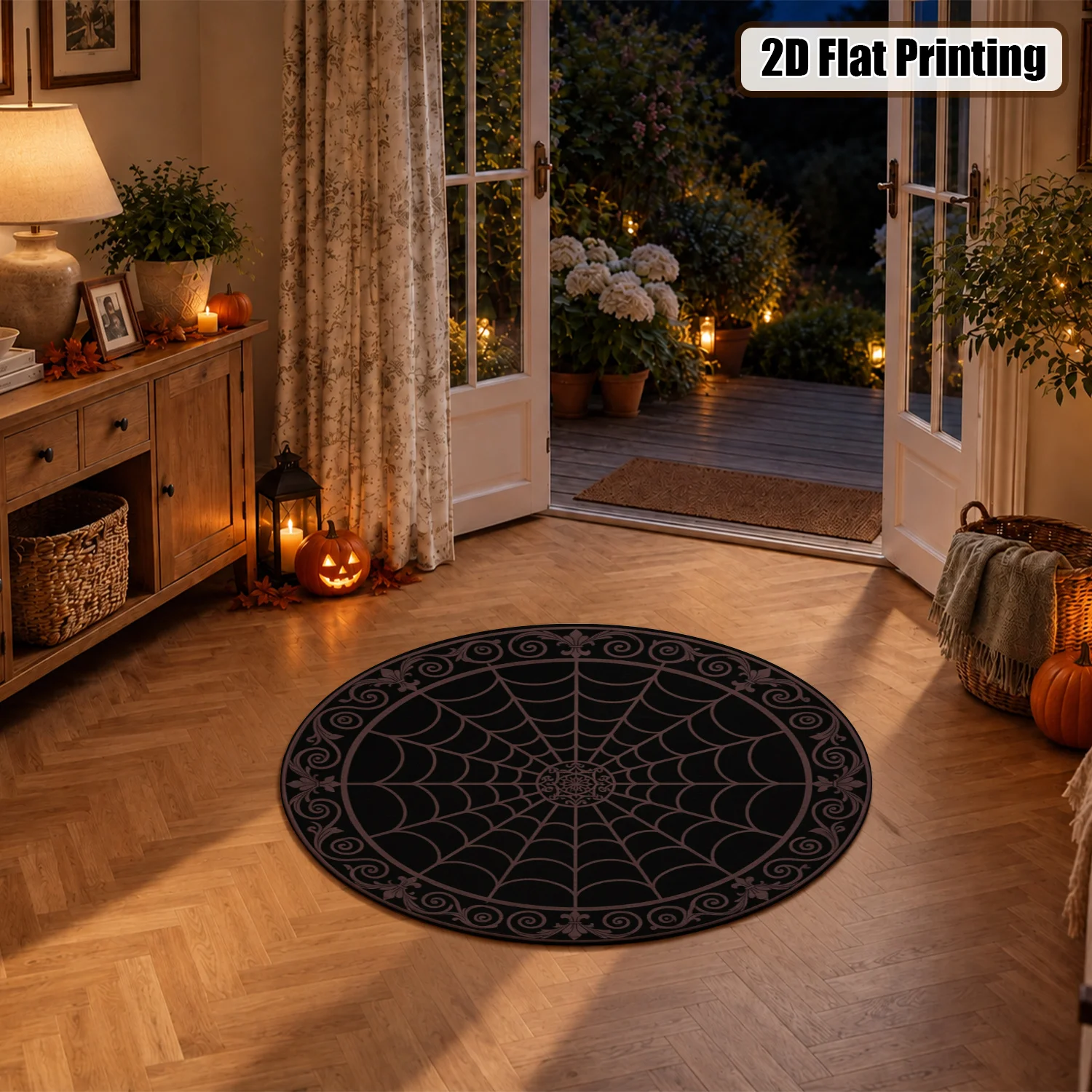 Spider Web Vintage Scroll Pattern Round Velvet Rug, Machine Washable, Suitable for Living Room, Bedroom, Entryway, Dining Area, Perfect for Halloween, Thanksgiving, Christmas, New Year, Black Friday, Cyber Monday