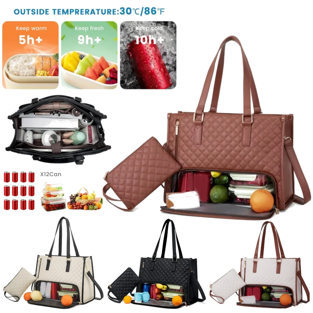 Women Business Lunch Bag Multi-Function Quilted Handbag with Purse Multi-Compartment Large Capacity for Camping Picnic