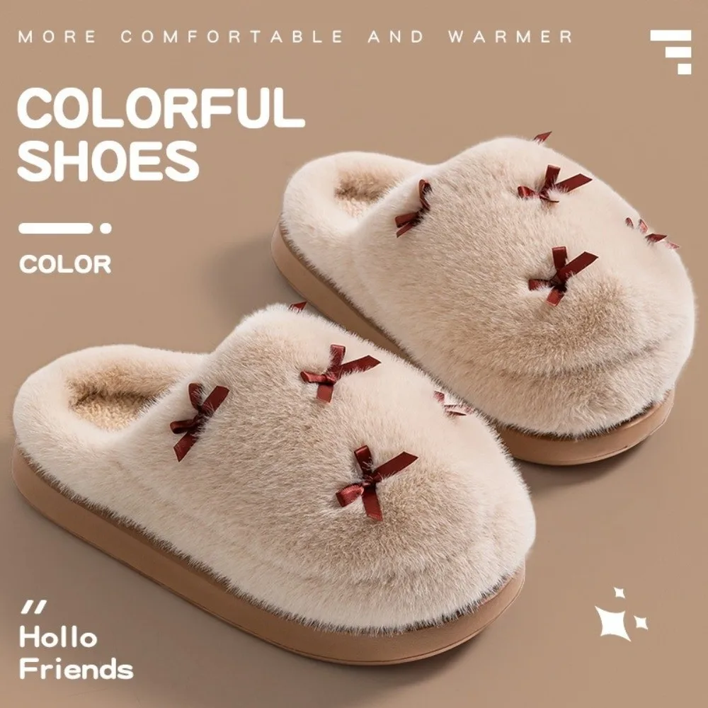 Fashion Bow knot House Slippers Thickened with Lining Women's Indoor Shoes Non-slip EVA Sole Indoor Fluffy Slippers Winter
