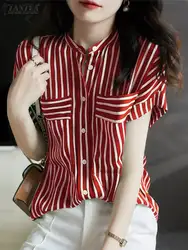 ZANZEA 2024 Women Office Stripes Shirts Fashion Stand Collar Buttons Tops Summer Holiday Short Sleeve Tunics Casual Work Blusas