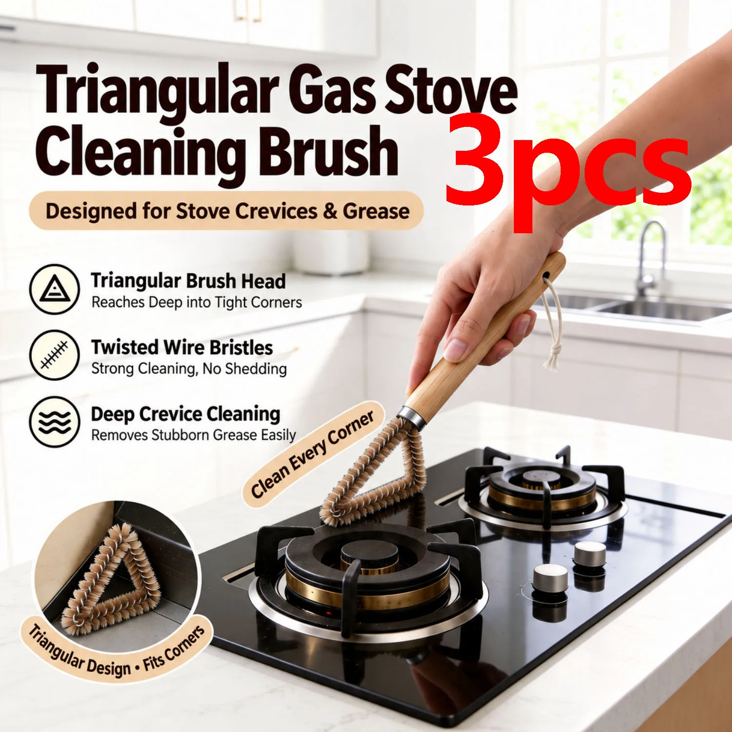3PCS Triangular Gas Stove Cleaning Brush Solid Wood Long Handle Hard Bristle Crevice Scrub Brush Multi Purpose Kitchen Cleaner
