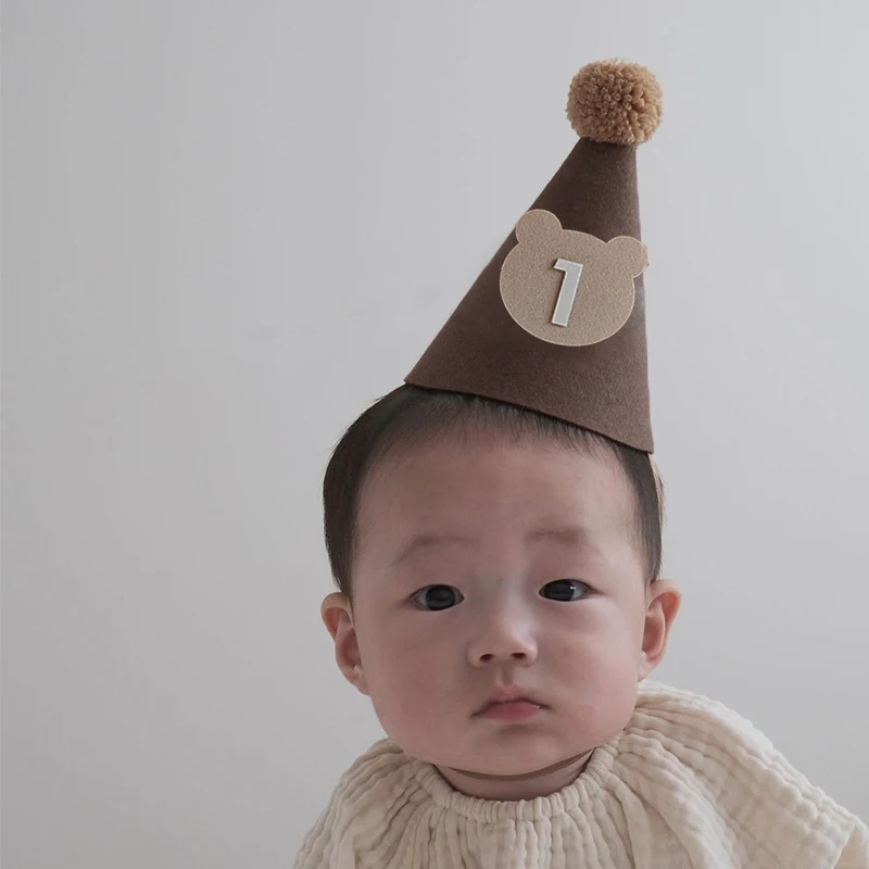 Kids Brown Coffee Bear Happy Birthday Hat 1st 2nd 3rd Year Old 100 Days Baby Caps The First One 2 3 Year Birthday Crown