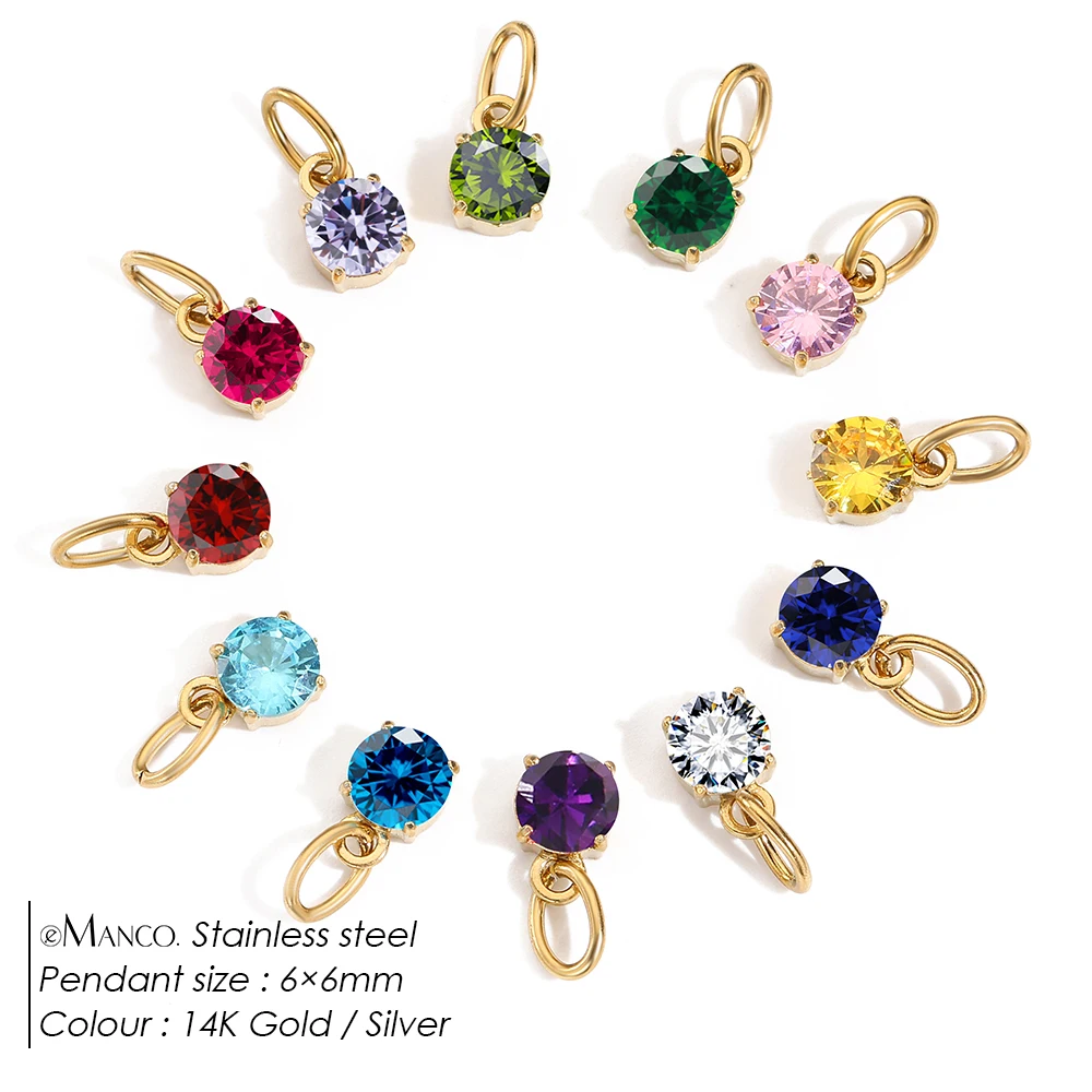 EMANCO 6MM Zirconia Pendant Charm Stainless Steel Birthstone Pendant Necklace Role Play Jewelry DIY Wholesale