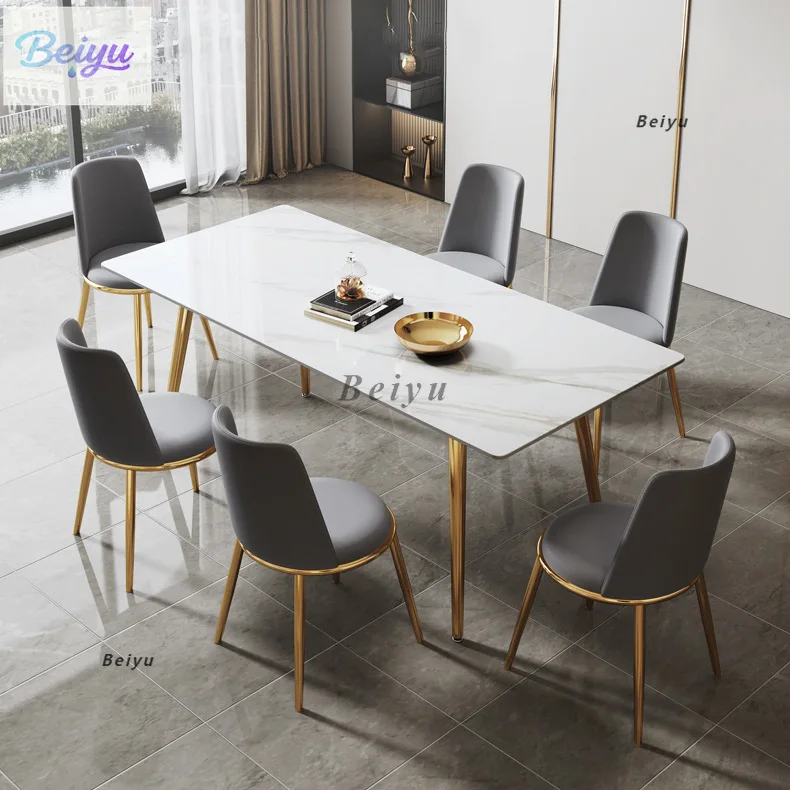 

Postmodern restaurant table Nordic Internet celebrity marble dining table Light luxury stainless steel titanium table and chairs