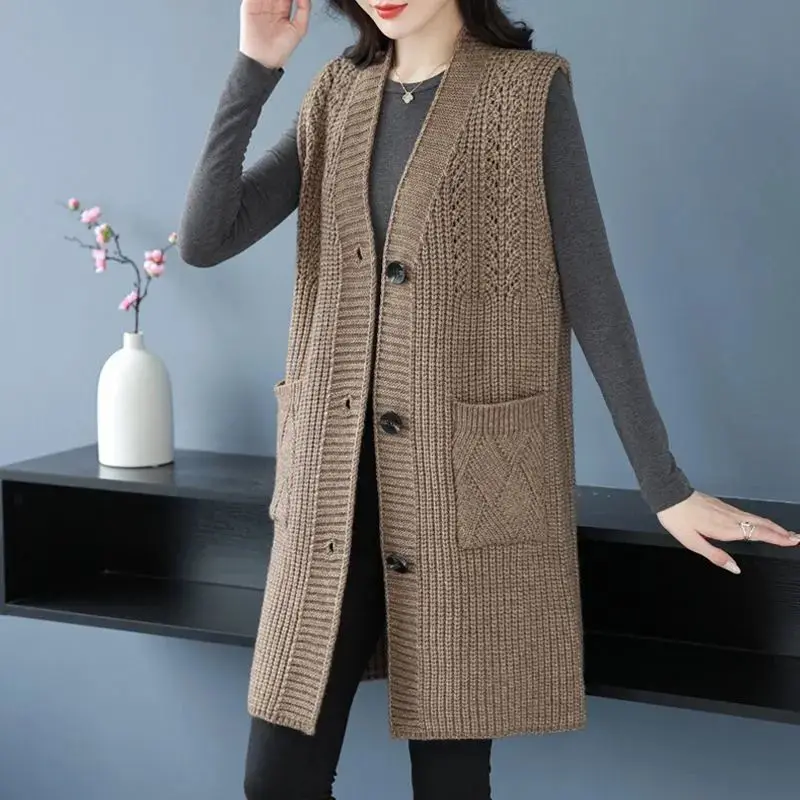 Autumn Winter Women Clothing Sweater Vests Coats New Solid V-neck Pocket Sleeveless Fashion Casual Long Knitted Cardigan Tops