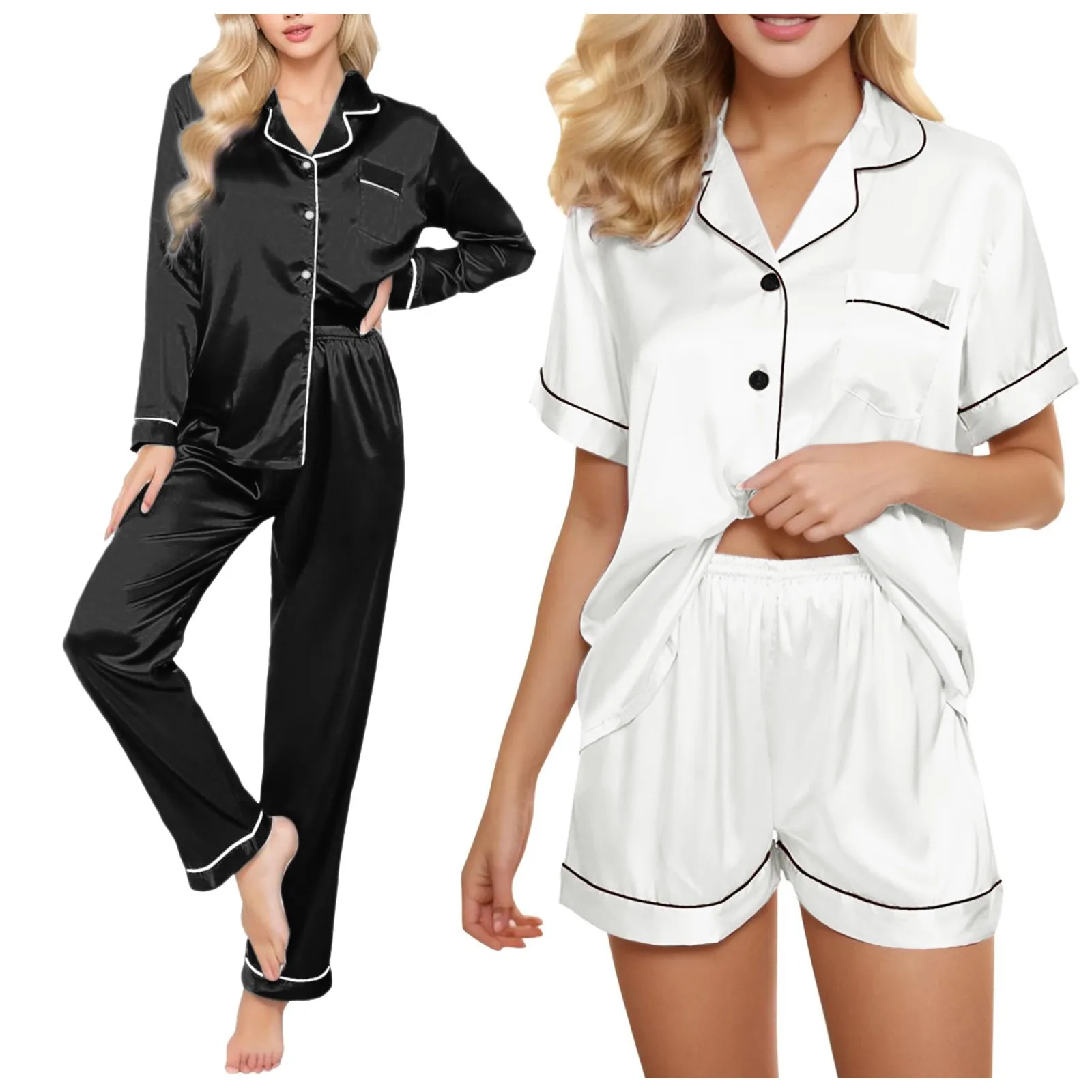 

2 Pieces Sleepwear Nightwear Loungewear for Women Silk Satin Summer Women Pajamas Set Button Notched Collar Down Top Shorts