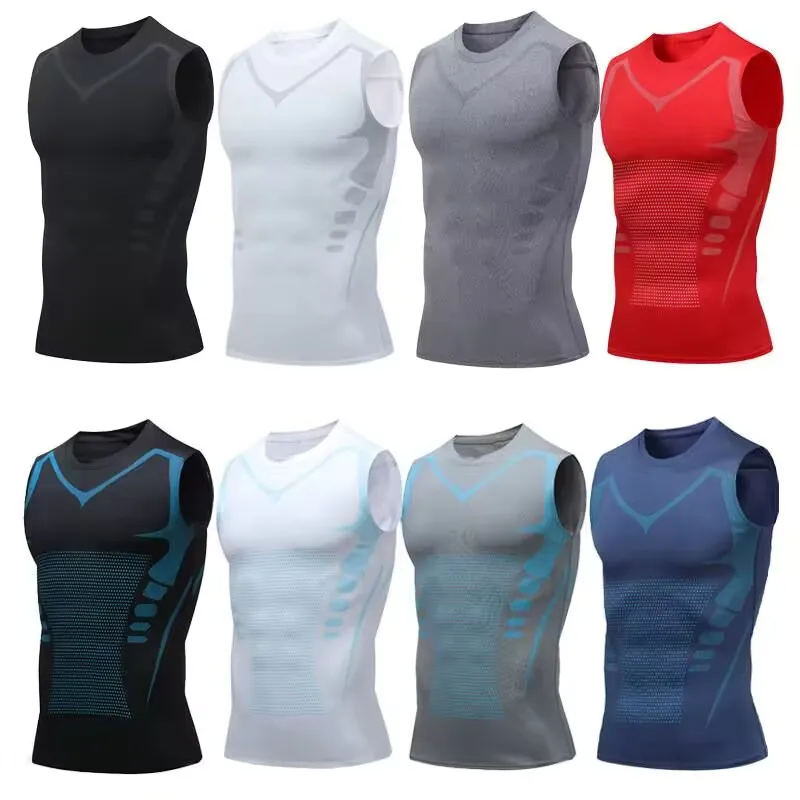S-5XL Men Sleeveless Shapewear Summer Elastic Breathable Ice Silk Vest Top Ion Body Shaper Shirt Run Sports Gym Training Clothes