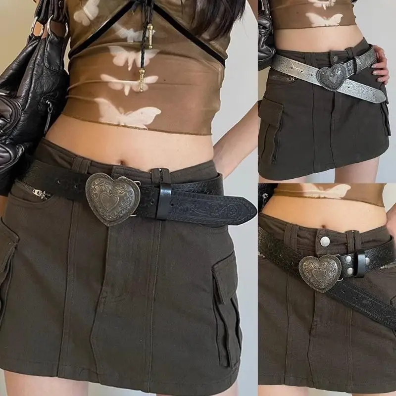 652F Subcultures Love Belt Fashion Heart Buckle PU Belt Embossed Waistband for Shorts
