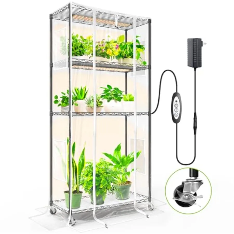 

Indoor greenhouse for plant growing: black PVC-covered 4-tier stand with 3 dimmable 1.8FT 60W grow lights, timer, zippered cove