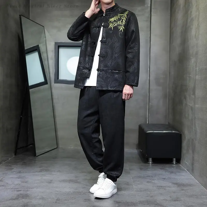 

Плюс размер, китайский комплект куртки Чжуншань, традиционный костюм Тан, ретро пальто с рисунком дракона, брюки, осень-зима, свободная повседневная униформа