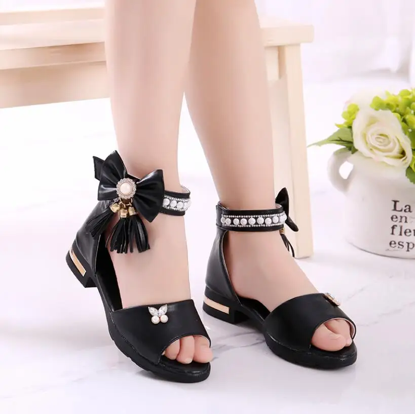 Kids Bow Sandals Children Girls Summer Cute Sandals Beach Sandals 2021 Princess Fashion High Heels Tassel School Shoes