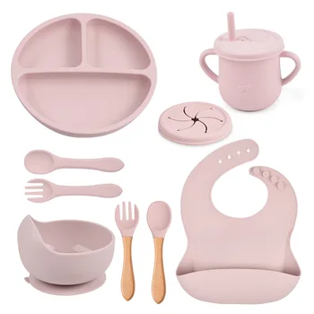 9 Stück Baby Fütterung Set Lächeln Gesicht Platte wasserdichte Lätzchen Tasse Holz löffel Gabel Set Kinder Anti-Rutsch-Geschirr Set Kinder Geschirr