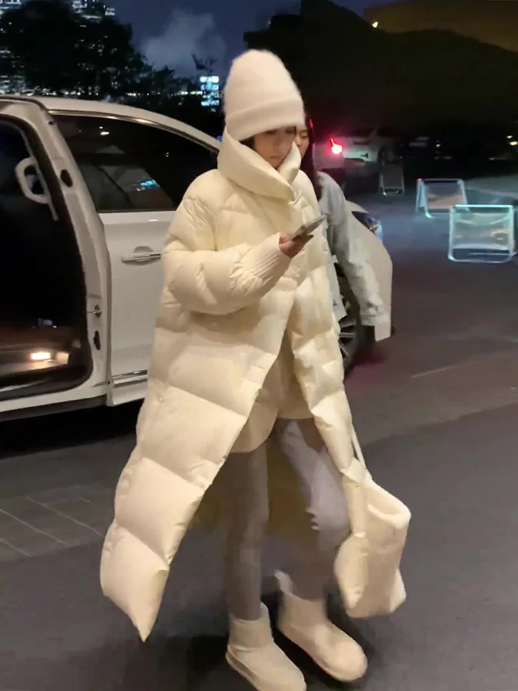 Abrigo de plumón largo y acolchado para mujer, estilo moderno, para caminar, cálido, blanco, de plumas