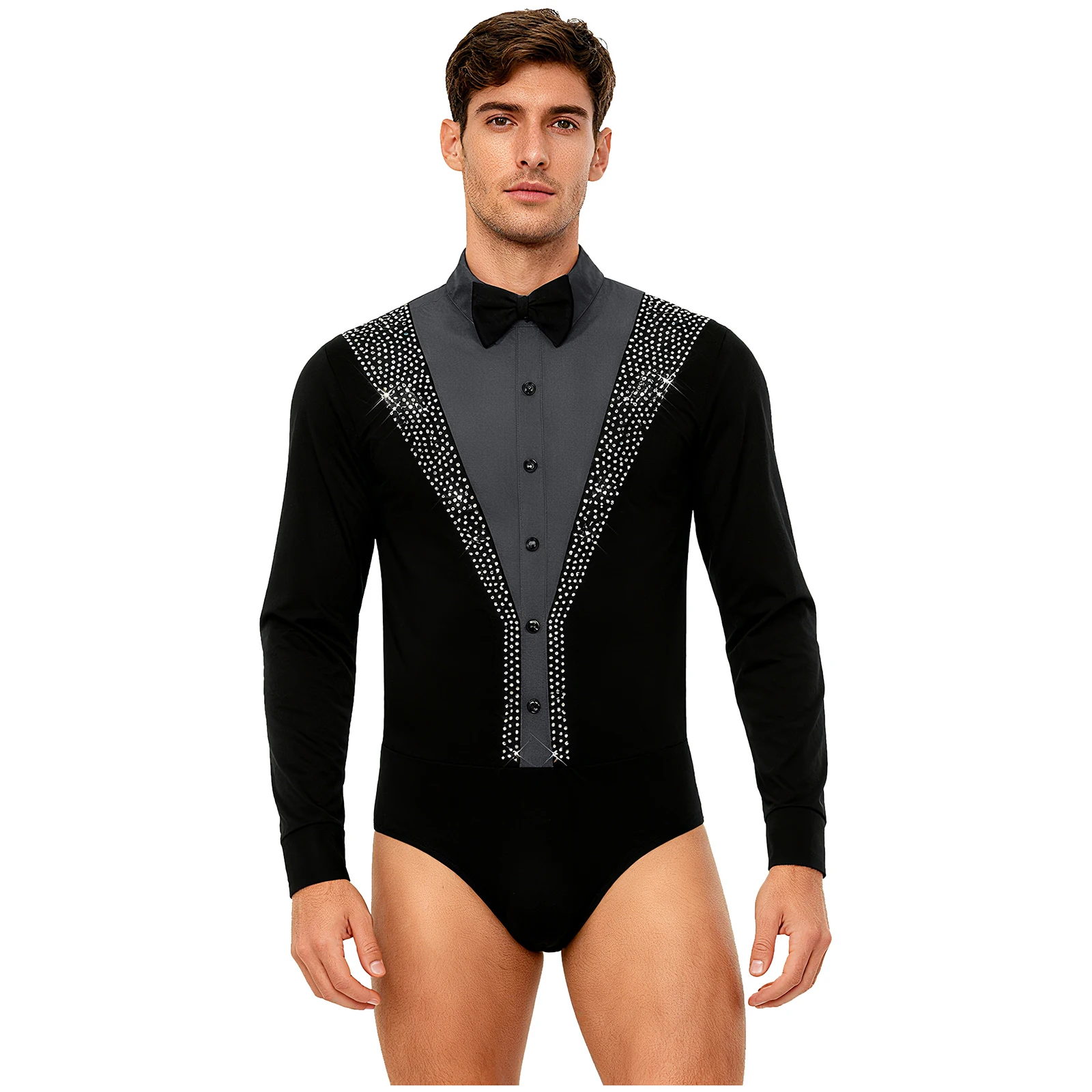 

Men Latin Dance Jazz Ballet Bodysuit Figure Skating Leotard Contrast Color Long Sleeve Zipper Rhinestones Jumpsuit Dance Costume