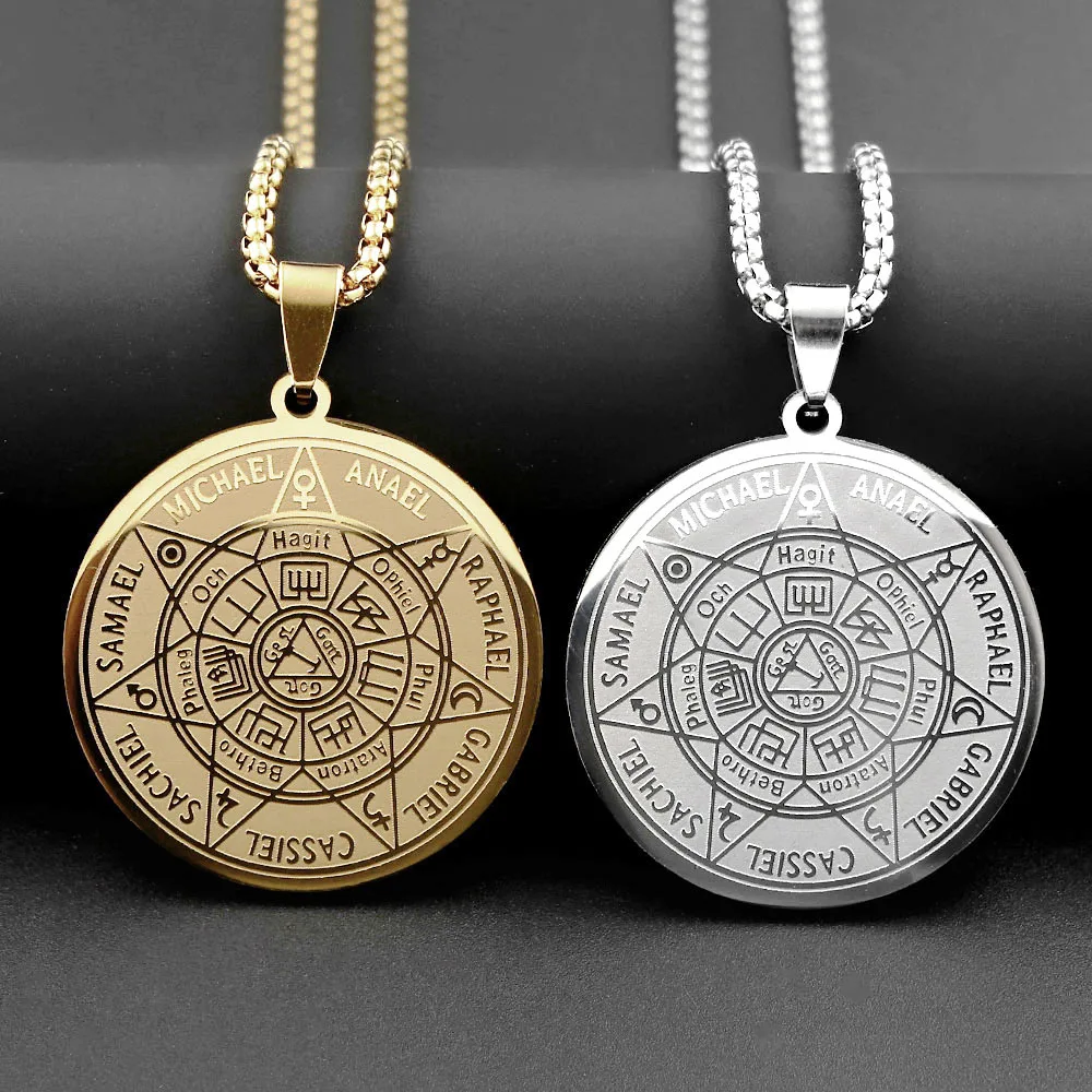 Seven Archangels Seal of Salomon Round Medal Pendant Necklaces Stainless Steel Planet Talisman Christian Protection Jewelry Gift