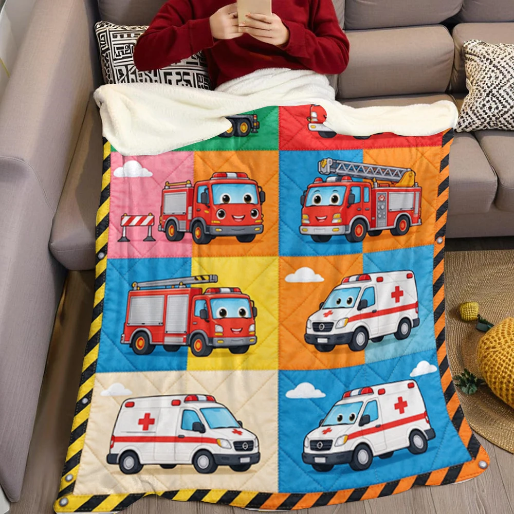 Tow Fire Ambulance Grid Flannel Blanket Perfect for Sofa Office Bed Travel Sleep Read Relax Camping Four Season Use