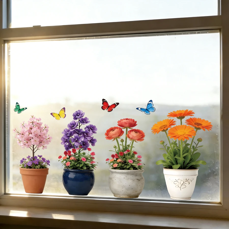 1/2/3 Blatt Aquarell-Blumen- und Schmetterlings-Fensteraufkleber, wiederverwendbare, doppelseitige, statisch haftende PVC-Aufkleber für Schlafzimmer, Küche