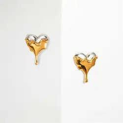 Charm Gold Silver Mix Color Liquid Heart Small Stud Earrings for Women French Jewelry Party Gifts Love Dripping Ear Studs Bijoux