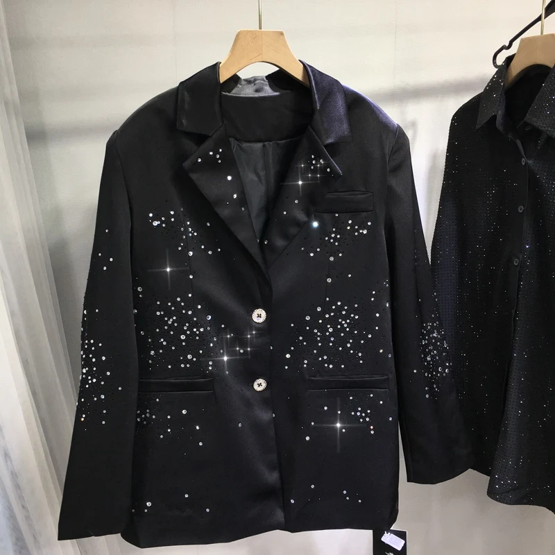 

Sparkling Hot Drilling Women Blazers Jacket New Spring Autumn Loose Long Sleeve Outwear Single-breasted Casual Black Suit Coat