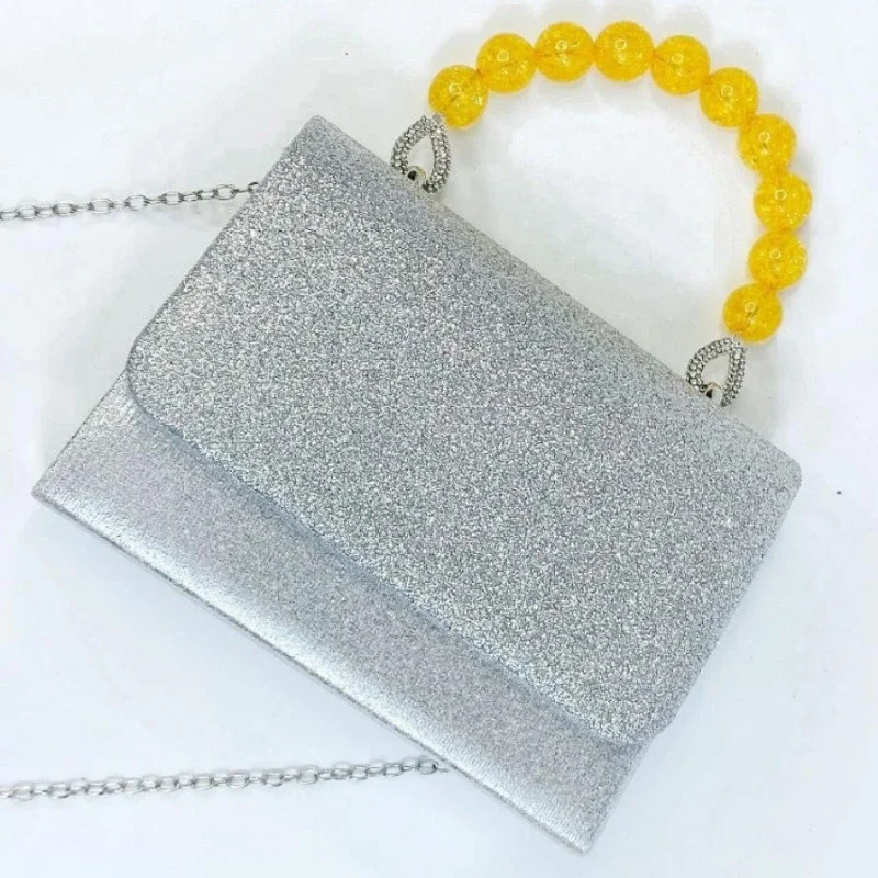 بلون الترتر حقيبة يد الإجتماعي السيدات موضة مساء حقيبة صفراء الديكور مقبض رفرف مأدبة حقيبة أنيقة المرأة حقيبة فضية #3