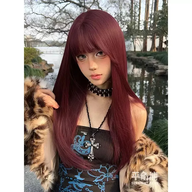 K‑Pop Style Wine‑Red Long Straight Full Wig With Flat Bangs Silky Smooth Texture Heat‑Resistant Synthetic Wig for Daily Party