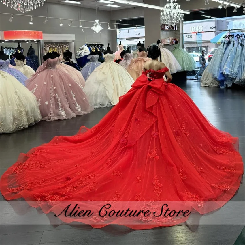 

Роскошные красные платья Quinceanera с открытыми плечами и кружевной аппликацией из бисера с бантом из тюля Мексиканское милое платье 16, Vestidos 15 De Anos по индивидуальному заказу