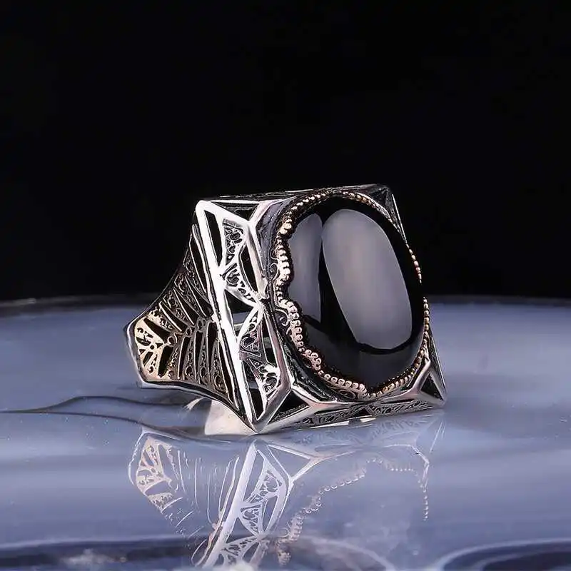 ​Silver Black Zircon Stone Square Men's Ring - 925 Sterling Men's Jewelry Wedding Birthday Gift - Box - Zircon Stone - For Man - Fashion - Botiva - Size - Turkish - Patterned Embroidery