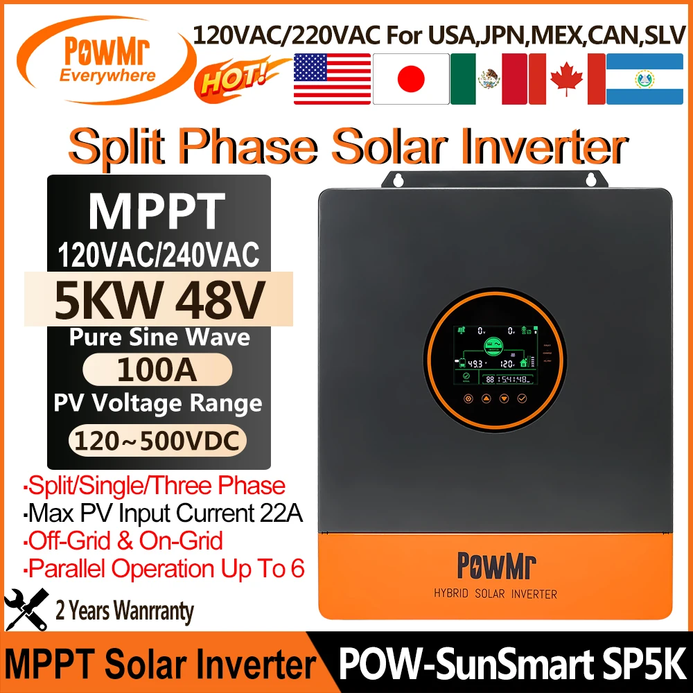 PowMr 5KW 48V Hybrid Solar Inverter Split Phase 110Vac 240Vac Output Pure Sine Wave MPPT 100A MAX PV 500Vdc Can Parallel 6 Units