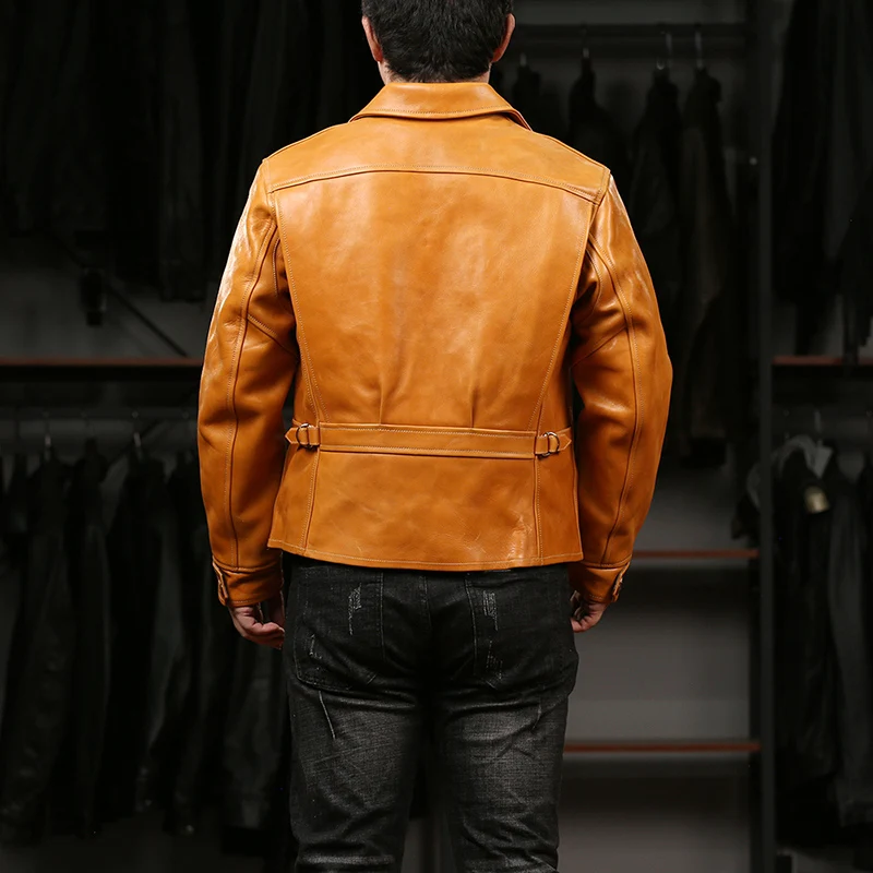 High Quality England New Fashion Casual Suit Collar Young Outdoor Men Genuine Leather Jacket Orange Cowhide Leather Clothes