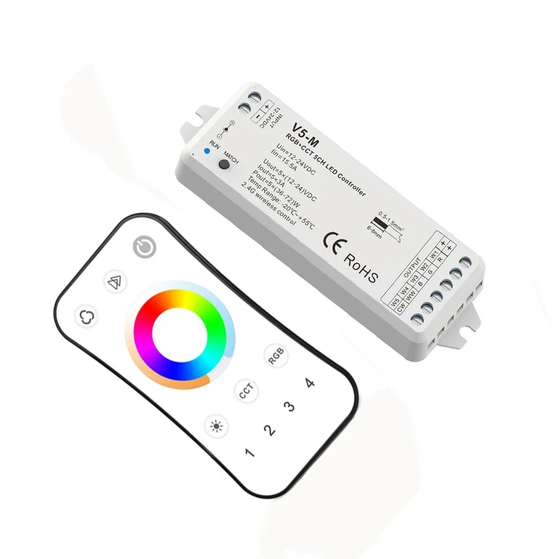 Led RGBCCT Strip Controller 2.4G RF Remote Wireless 4A 5 Channel Output DC12V-24V 4 Zones RGB CCT String Ribbon Control Use