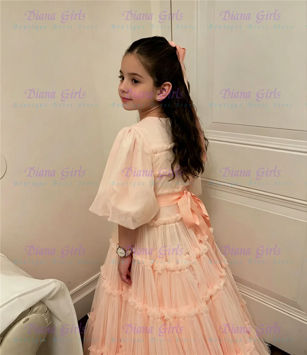 Elegantes Blumenmädchenkleid aus weißem Tüll mit Flausch für Hochzeiten, Ballkleider, Rüschen, Blumenmuster, Kleinkind-Festkleid, Geburtstagsparty-Kleider