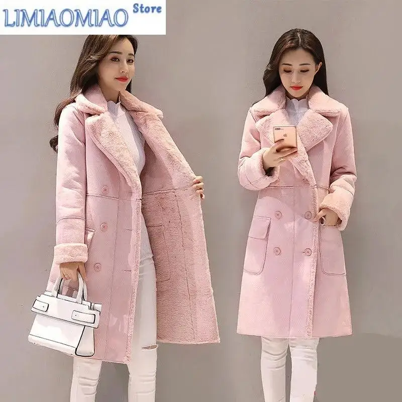 New Lamb Wool Coat Female Korean Winter ThickVelvet Thick Suede Coat Mid-length Fur One Lapel Coat Commuter Buttons Splicin