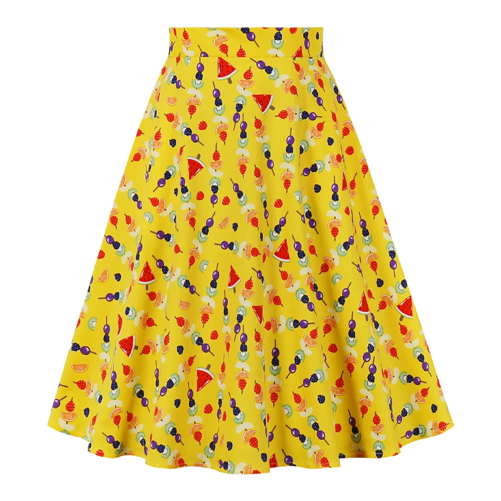 SISHION Hepburn Cotton 50s 60s Vintage A Line Summer Skirt VD0020 High Waist Yellow Fruits Feast Print Women Skirts