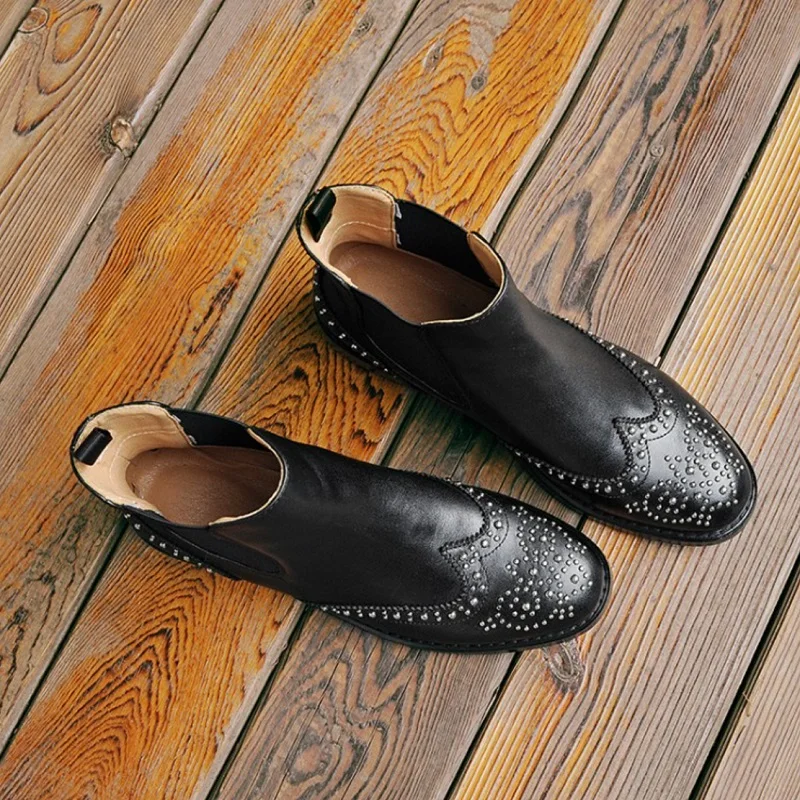 Genuine Leather Classic Chelsea Boots Woman Slip On Ladies Rivets Ankle Boots Simple Comfortable Winter Warm Shoes Size 43