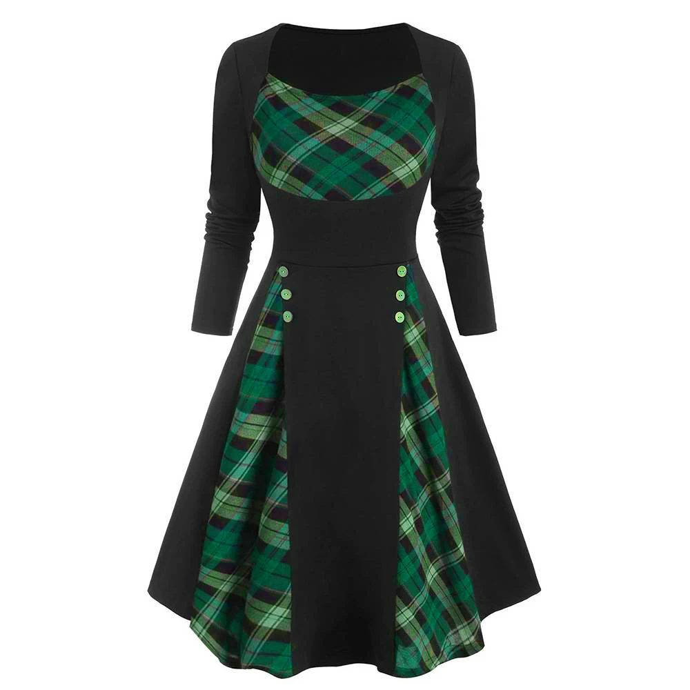 女性のチェックチェック柄ヴィンテージゴシックスクエアネック Tシャツドレス冬のレディース長袖レトロパーティーボタン膝丈ドレス