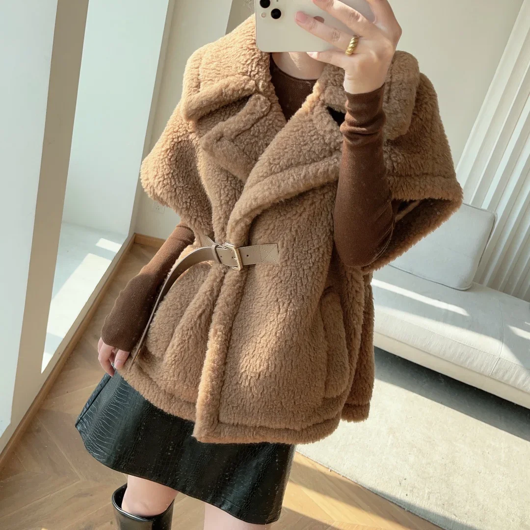 MAX Teddy Bear Shawl Female Autumn Winter Camel Jacket Sheep Wool Coat Lapel Short Alpaca Silk High-end Fashion Jacket