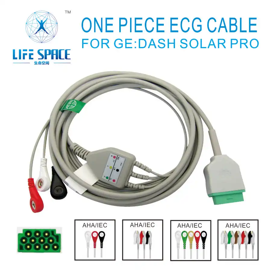 one-piece Ecg Snap Medical Cable  with 5 leads clip snap compatible for GE:DASH,SOLAR,PRO