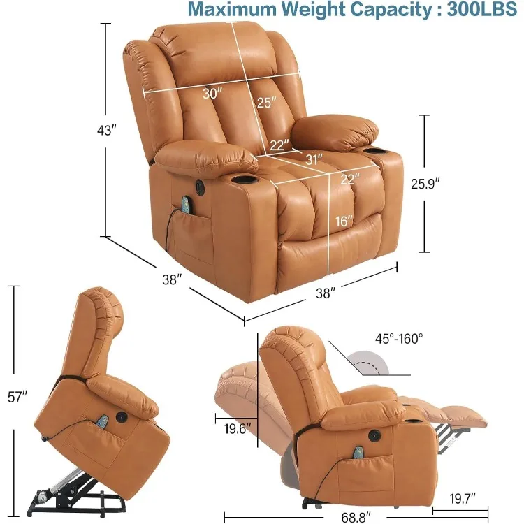 Power Lift Recliner Chair for Elderly Breathable Leather Recliner Chair with Massage and Heat,2 Cup Holders,Electric Stand