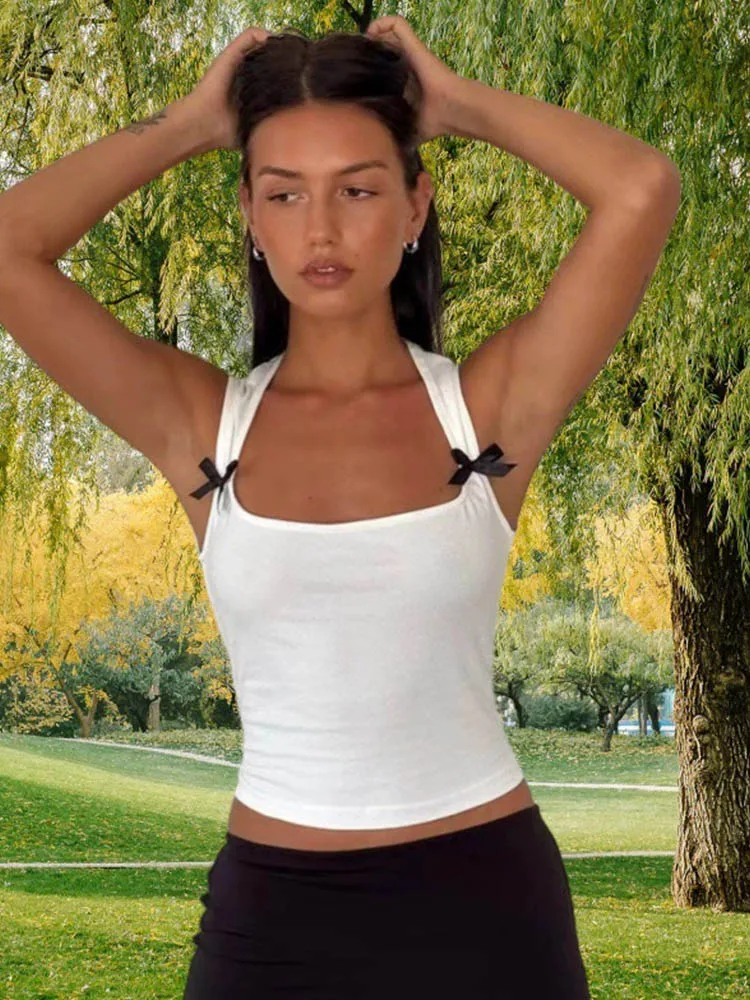 Women's bow vest sexy low cut crop top bandage vest women's vest wide shoulder strap Y2K camisole vest