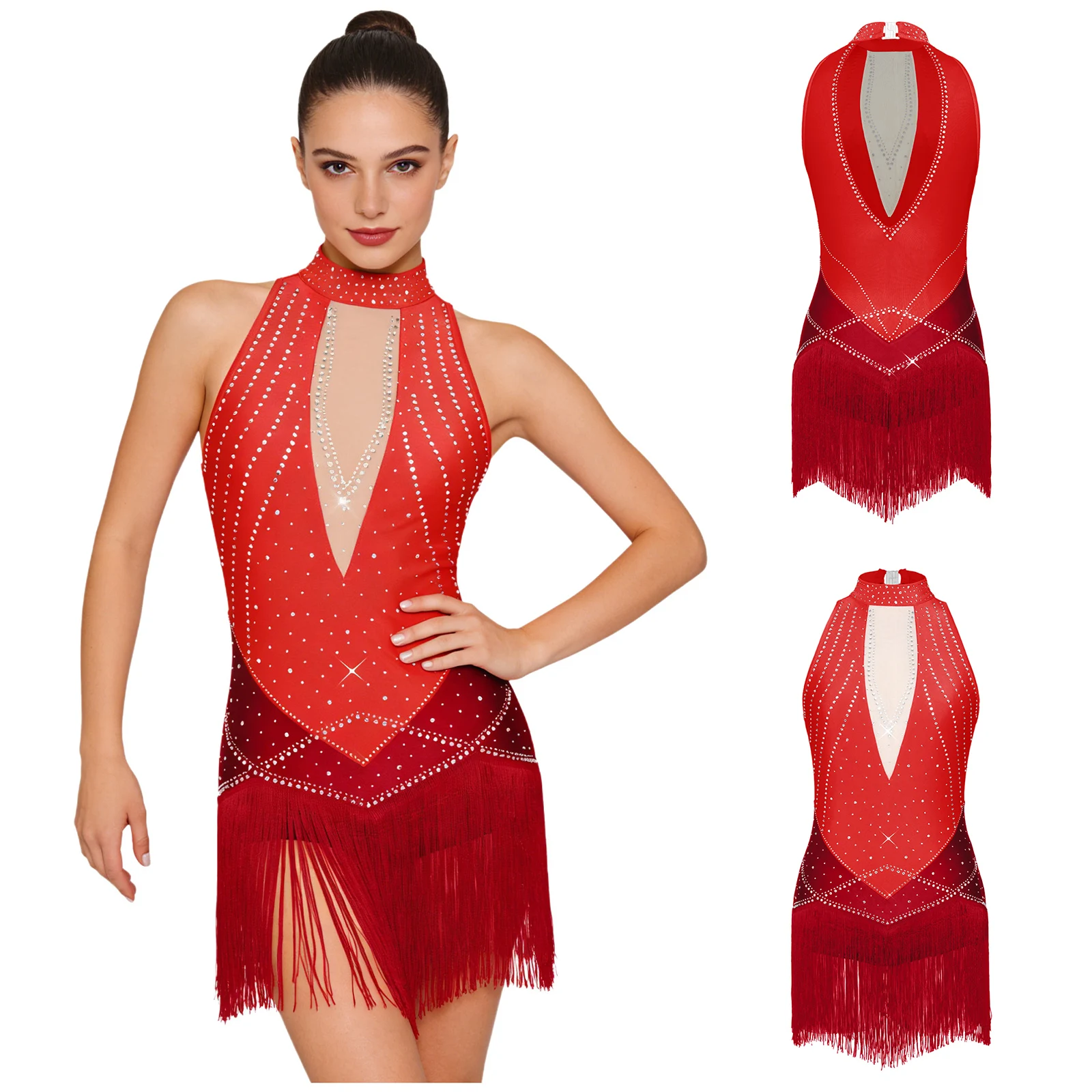 

Женское платье-боди с бахромой и стразами для латиноамериканских танцев (танго, румба, сальса), бальных выступлений, без рукавов, с завязками на шее