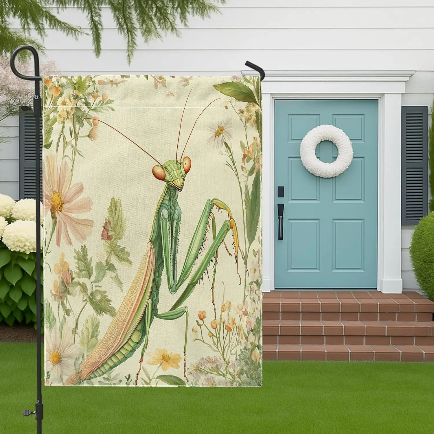 Spring Praying Mantis Garden Flags 12x18 Inch Double Sided for Outside, Vintage Floral Plant Burlap Lawn Flags, Insect Backy ZZM