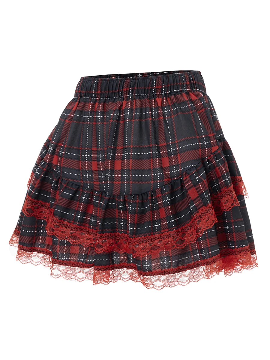 Women s Tartan Checkered Pleated Mini Skirts with Elastic Waistband and Layered Ruffle Detail for Holiday A-Line Style