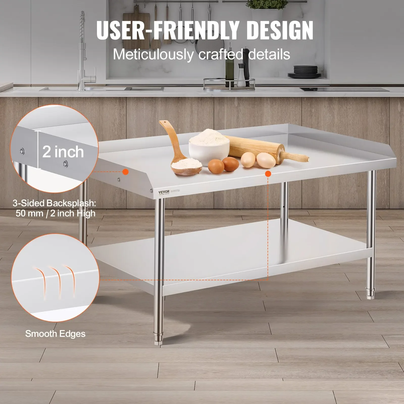 Stainless Steel Work Table, 30 X 48 X 26 Inch Commercial Food Prep Worktable, 3-Sided Backsplash Heavy Duty Prep Worktable,