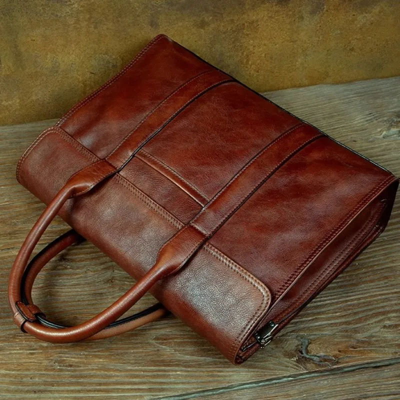 Handmade กระเป๋าถือหนังแท้ธุรกิจ Casual Premium Cowhide กระเป๋าเอกสารผู้ชายไหล่กระเป๋าคอมพิวเตอร์